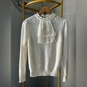 vintage 1970s cream textured nubby knit jabot collar sweater by Le Roy size S